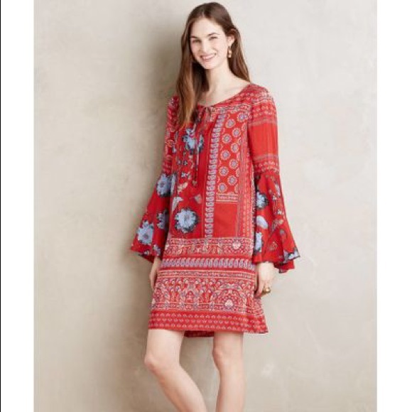 Anthro Vanessa Virginia Silk Paisley Floral Bell Sleeve Dress - Picture 2 of 9